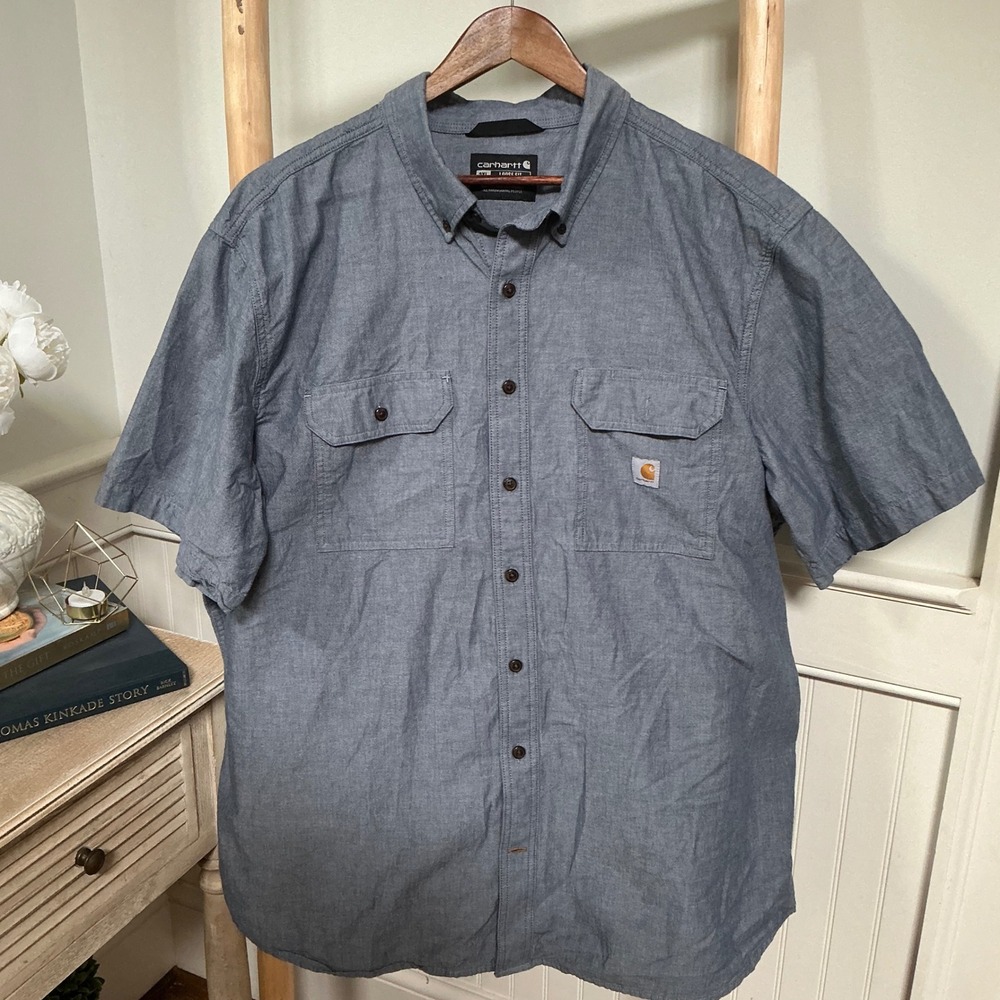 Carhartt Mens 2XL Tall Blue Grey Loose Fit Short Sleeve Button Down Shirt